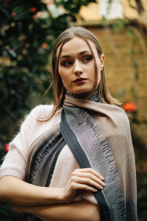 Embellished Cashmere Scarf in Beige-blue Crystals border