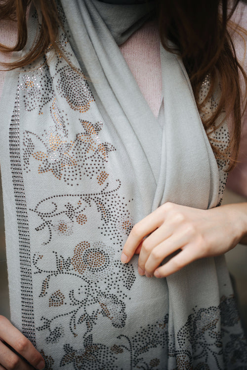 Embellished Cashmere Scarf in Dark Grey with Floral Pattern Crystals