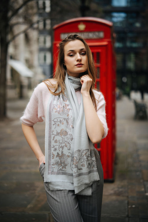 Embellished Cashmere Scarf in Dark Grey with Floral Pattern Crystals