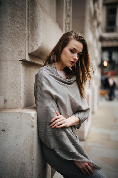 Embellished Cashmere Scarf in Grey with Crystal Trim