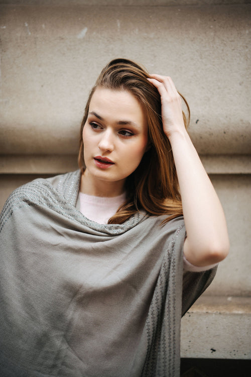 Embellished Cashmere Scarf in Grey with Crystal Trim