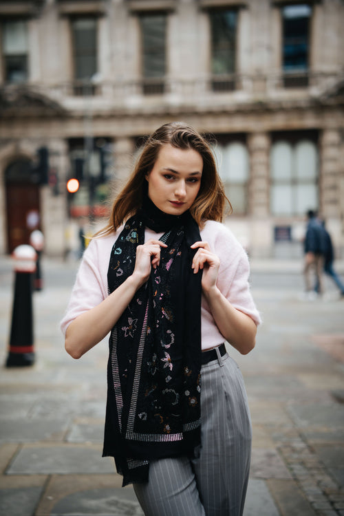 Embellished Cashmere Scarf in Black with Floral Pattern Crystals