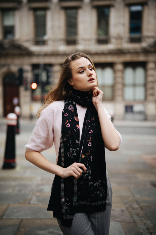 Embellished Cashmere Scarf in Black with Floral Pattern Crystals