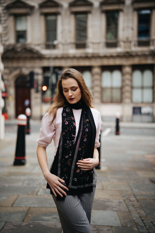 Embellished Cashmere Scarf in Black with Floral Pattern Crystals