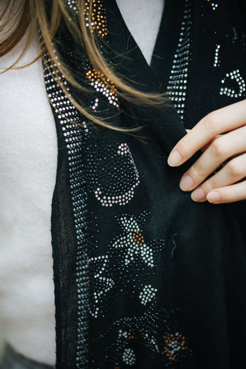 Embellished Cashmere Scarf in Black with Floral Pattern Crystals