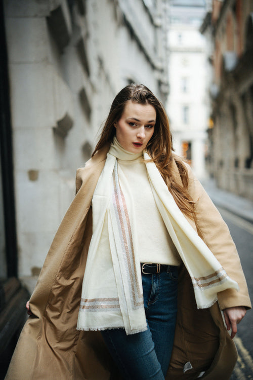 Embellished Cashmere Scarf in White with Gold Crystals Trim