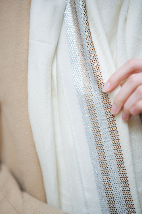 Embellished Cashmere Scarf in White with Gold Crystals Trim