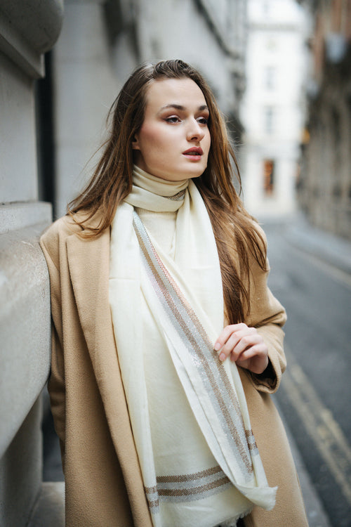 Embellished Cashmere Scarf in White with Gold Crystals Trim