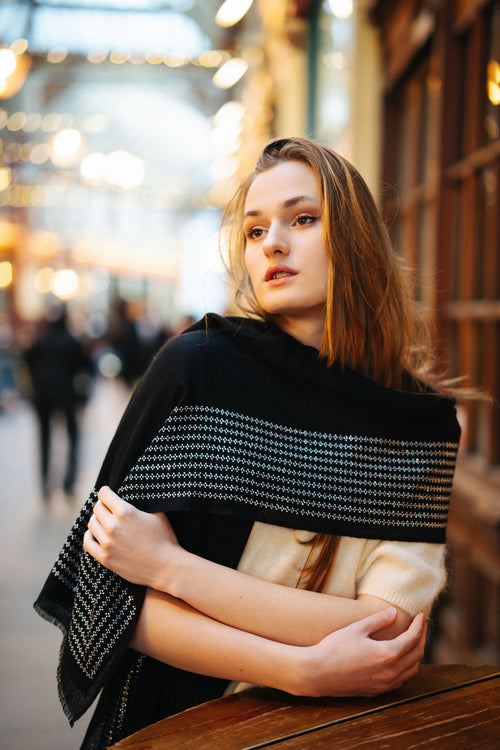 Embellished Cashmere Scarf in Black with Crystal trim