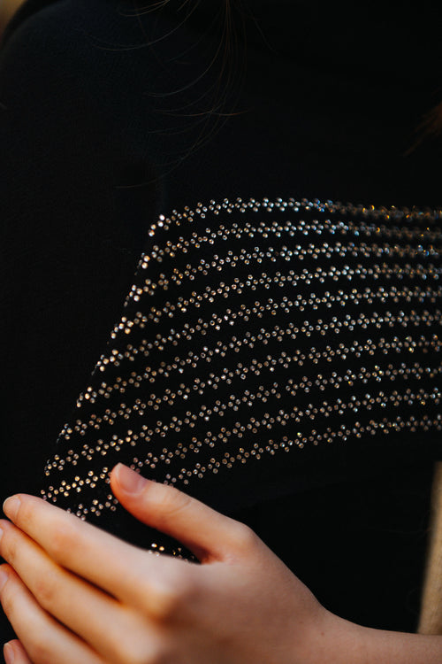Embellished Cashmere Scarf in Black with Crystal trim