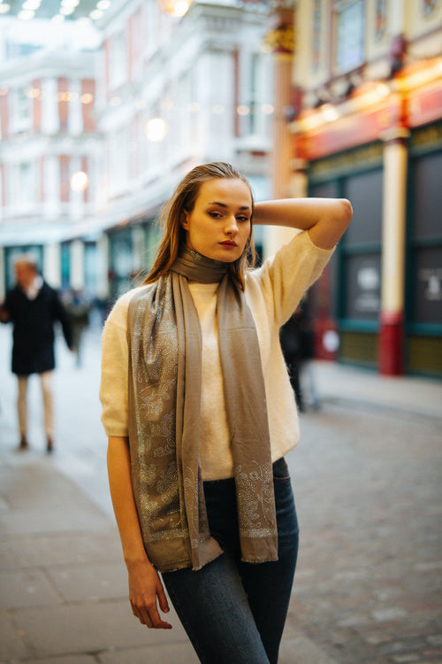 Embellished Cashmere Scarf in Silver with Crystal flower border