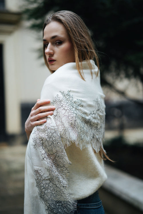 Lace and Tie-Dye Scarf in White