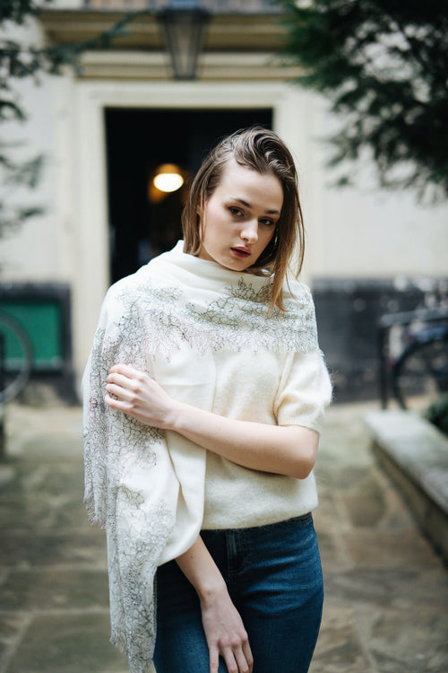 Lace and Tie-Dye Scarf in White