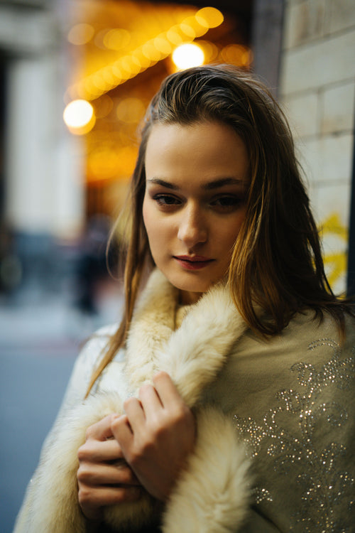 Faux Fur Trimmed Cashmere Scarf in Cream with Crystal Embellishments