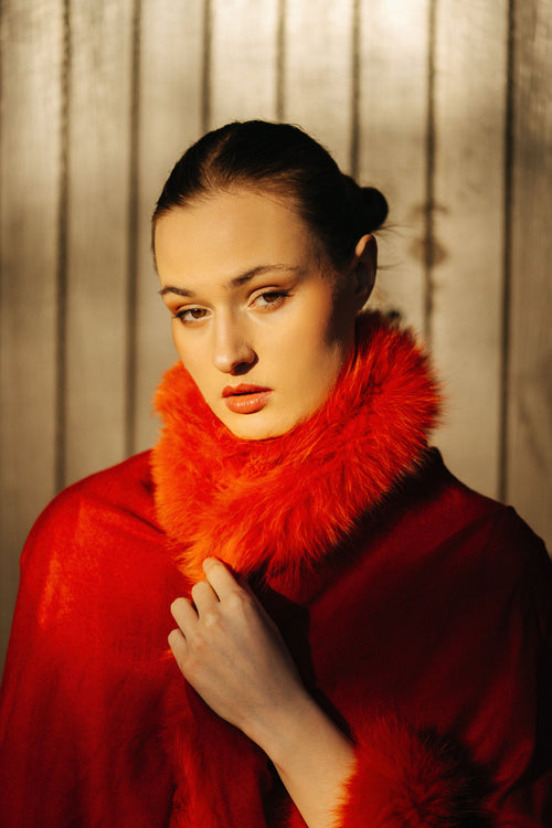 Faux Fur Trimmed Cashmere Scarf in Red