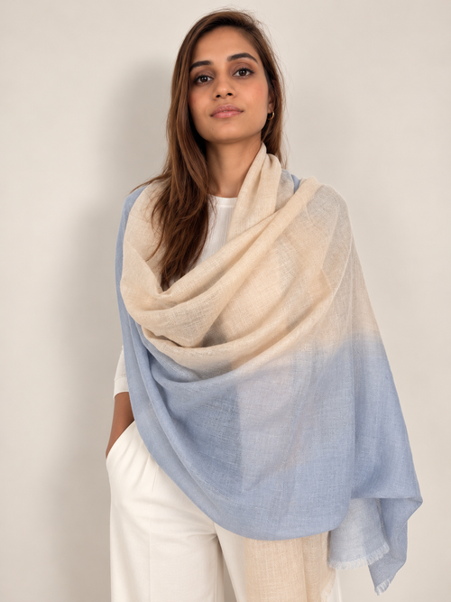 Unisex Woven Ombré Cashmere Scarf Powder Blue - Beige
