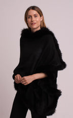 Faux Fur Trimmed Cashmere black plain scarf