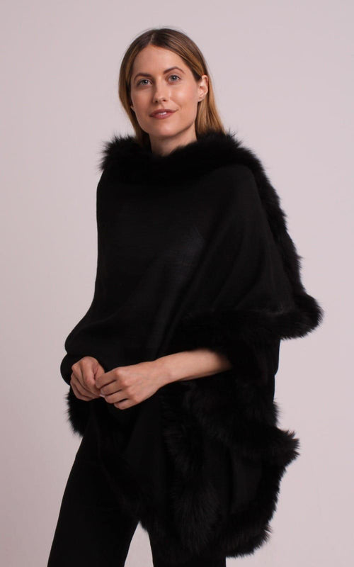 Faux Fur Trimmed Cashmere Scarf in Black with Crystal Embellishments