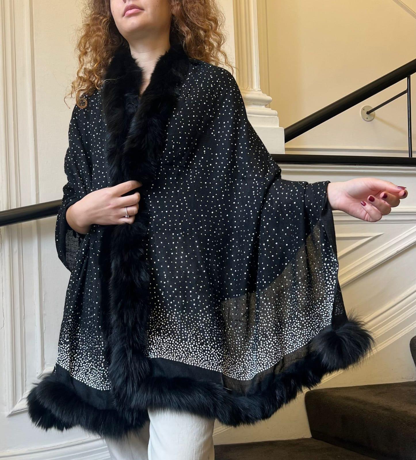 Faux Fur Trimmed Cashmere Scarf in Black with Crystal Embellishments