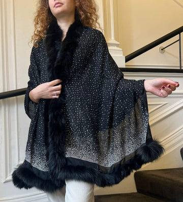 Faux Fur Trimmed Cashmere Scarf in Black with Crystal Embellishments