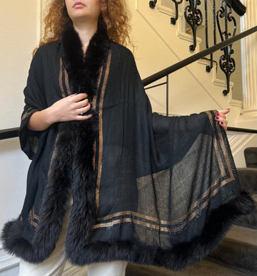 Faux Fur Trimmed Cashmere Scarf in Black with Gold Crystal Embellishments
