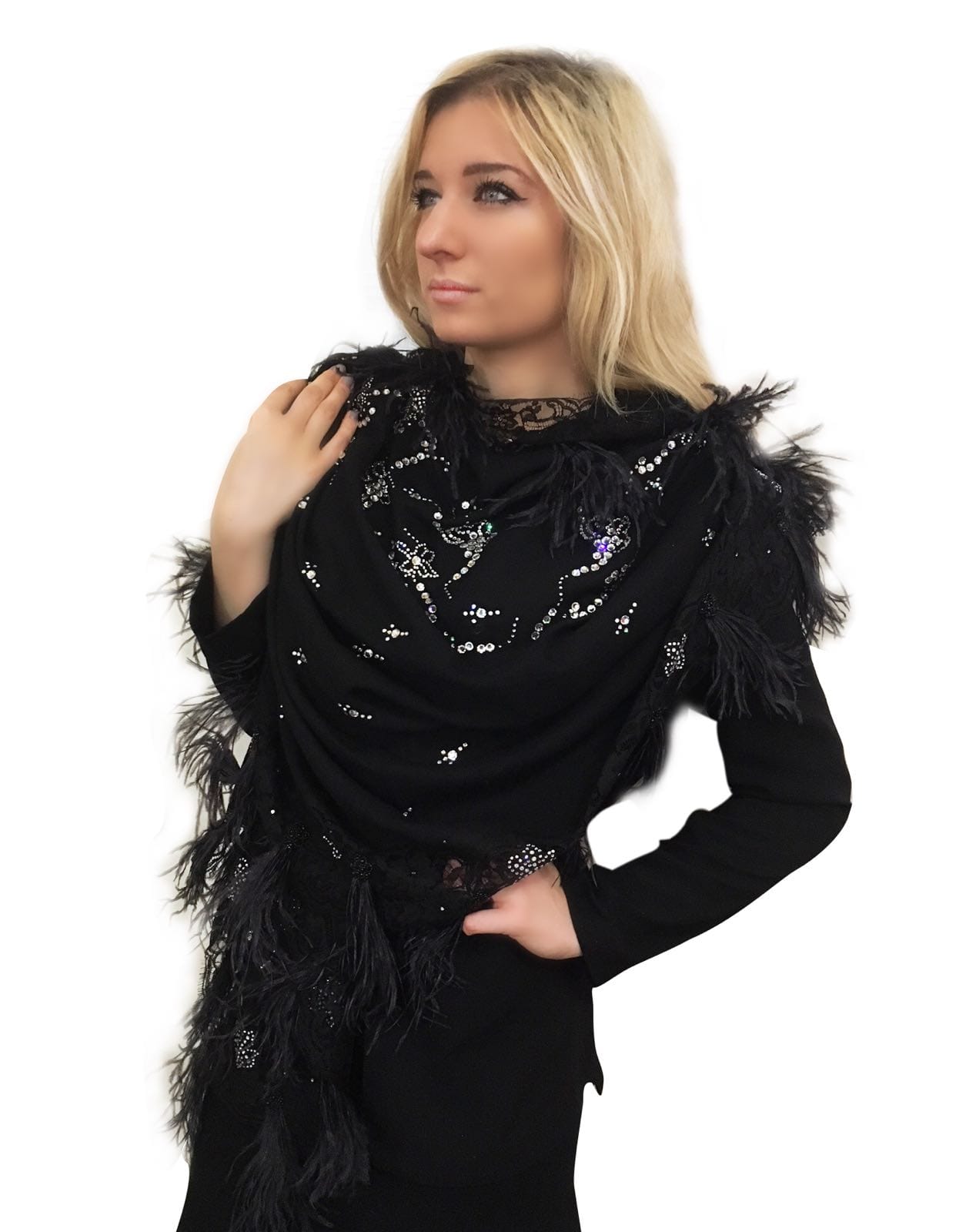 Pashmina Luxury Scarf with French Lace, Faux Feathers and Embellishments in Black