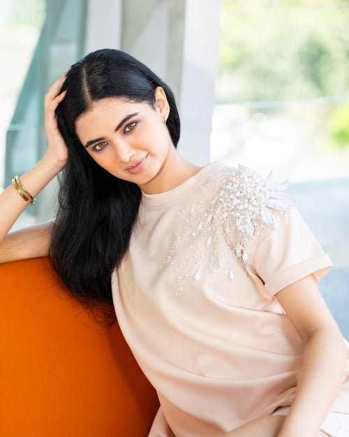 Pearl Bloom Embellished T-Shirt - Beige