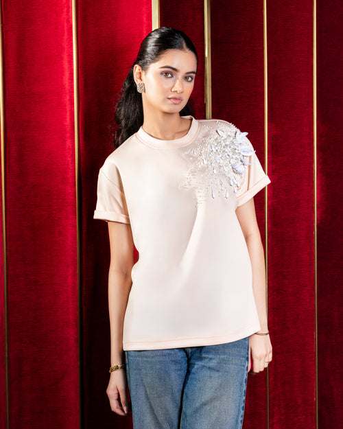 Pearl Bloom Embellished T-Shirt - Beige