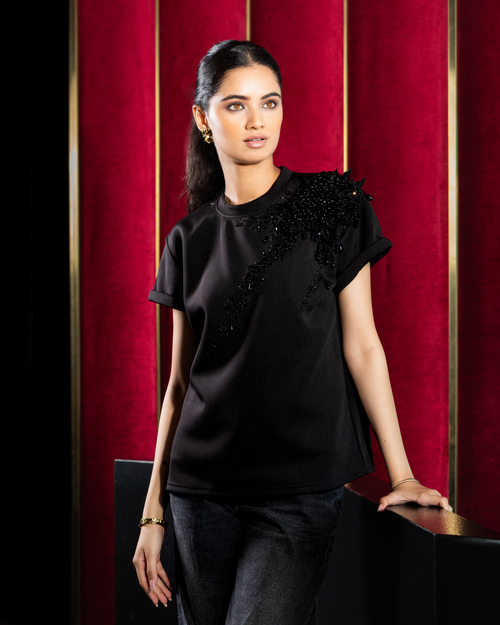 Pearl Bloom Embellished T-Shirt - Black
