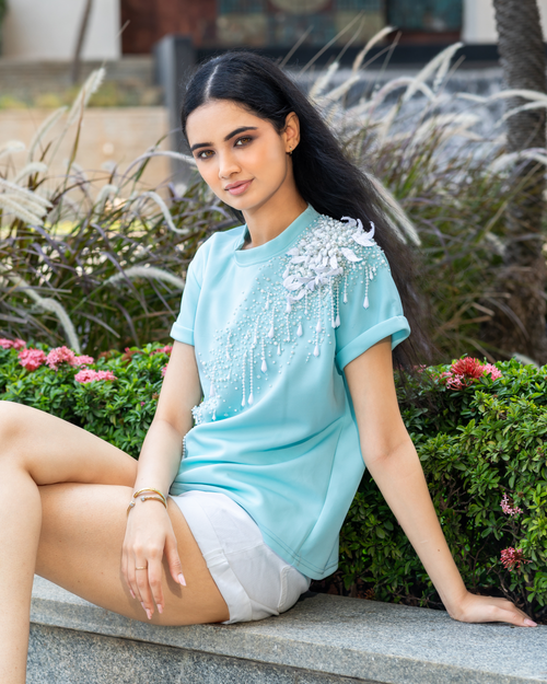 Pearl Bloom Embellished T-Shirt - Turquoise