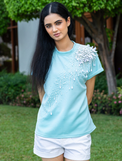Pearl Bloom Embellished T-Shirt - Turquoise