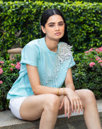Pearl Bloom Embellished T-Shirt - Turquoise