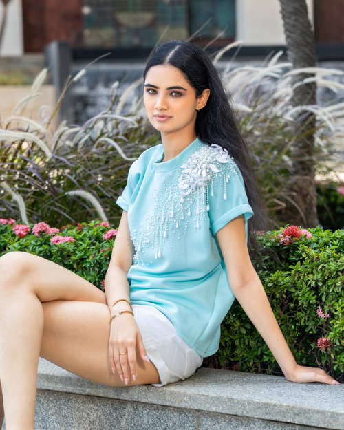 Pearl Bloom Embellished T-Shirt - Turquoise