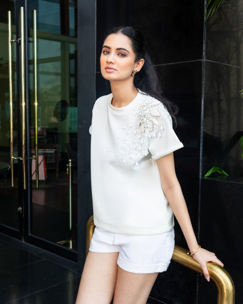 Pearl Bloom Embellished T-Shirt - White