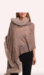 Faux Fur Trimmed Cashmere Scarf in Brown with Crystal Embellishments