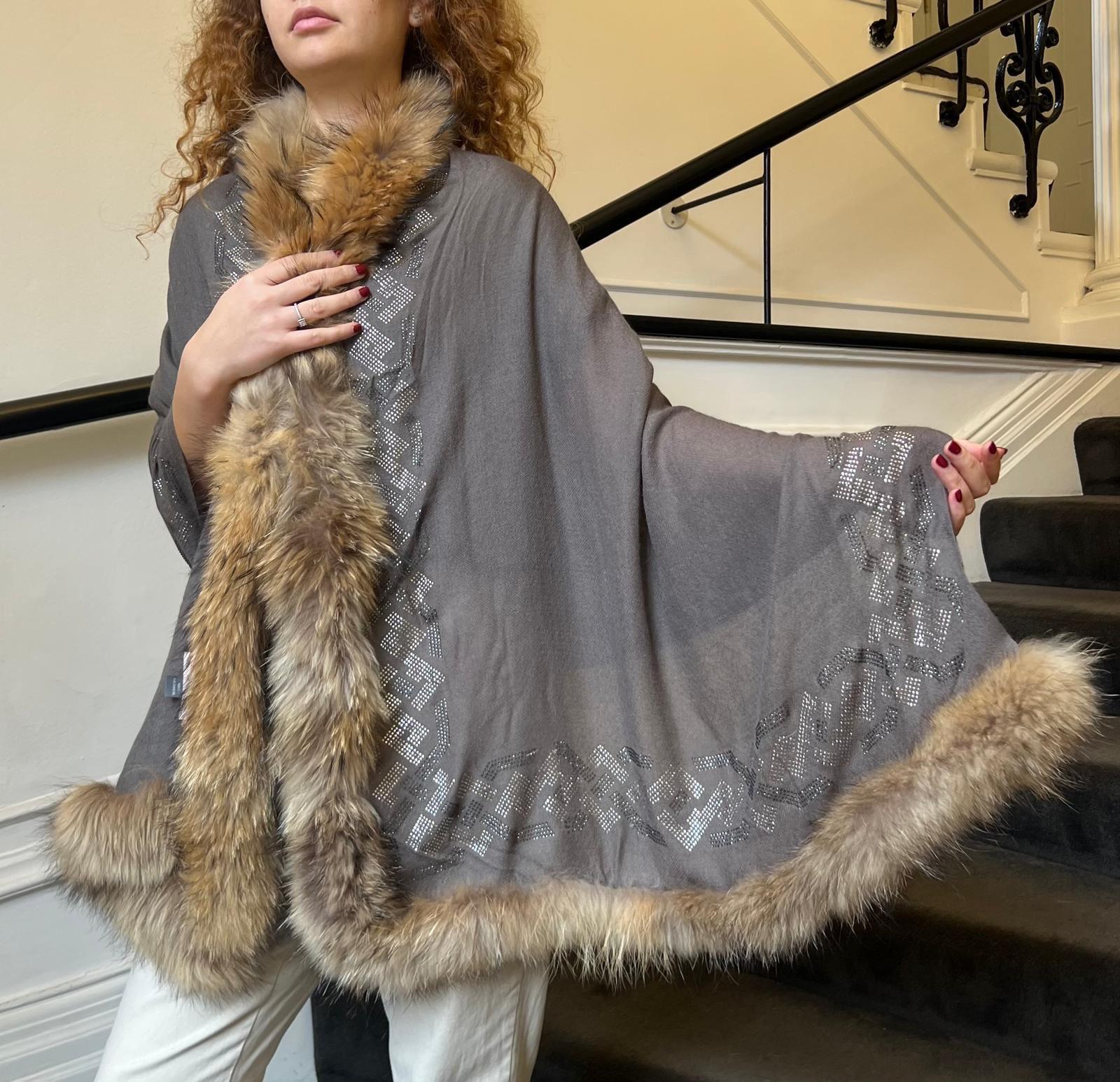 Faux Fur Trimmed Cashmere Scarf in Dark Grey with Crystal Embellishments