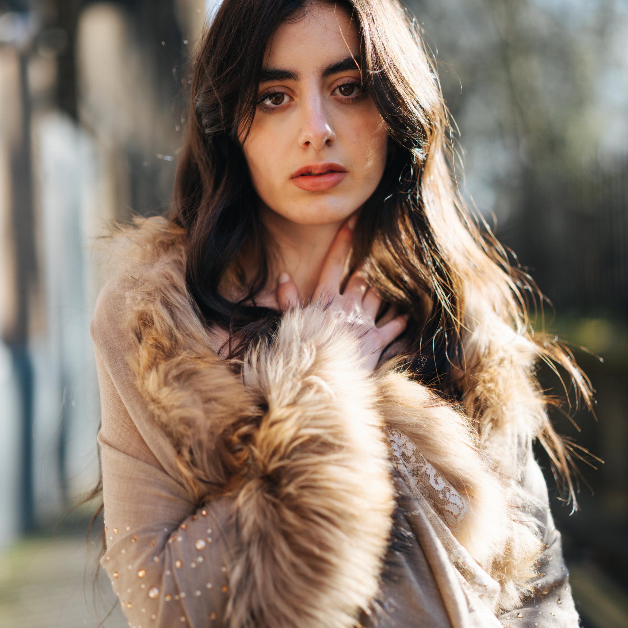 Embellished Pashmina Luxury Scarf in Peach with Faux Fur Trim