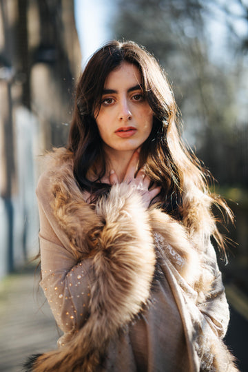 Embellished Pashmina Luxury Scarf in Peach with Faux Fur Trim