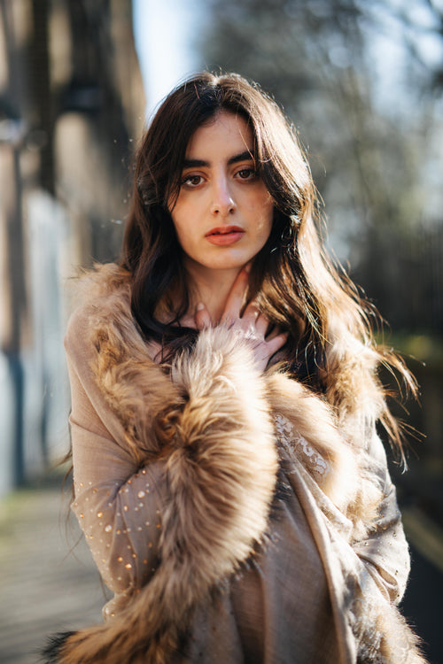 Embellished Pashmina Luxury Scarf in Peach with Faux Fur Trim