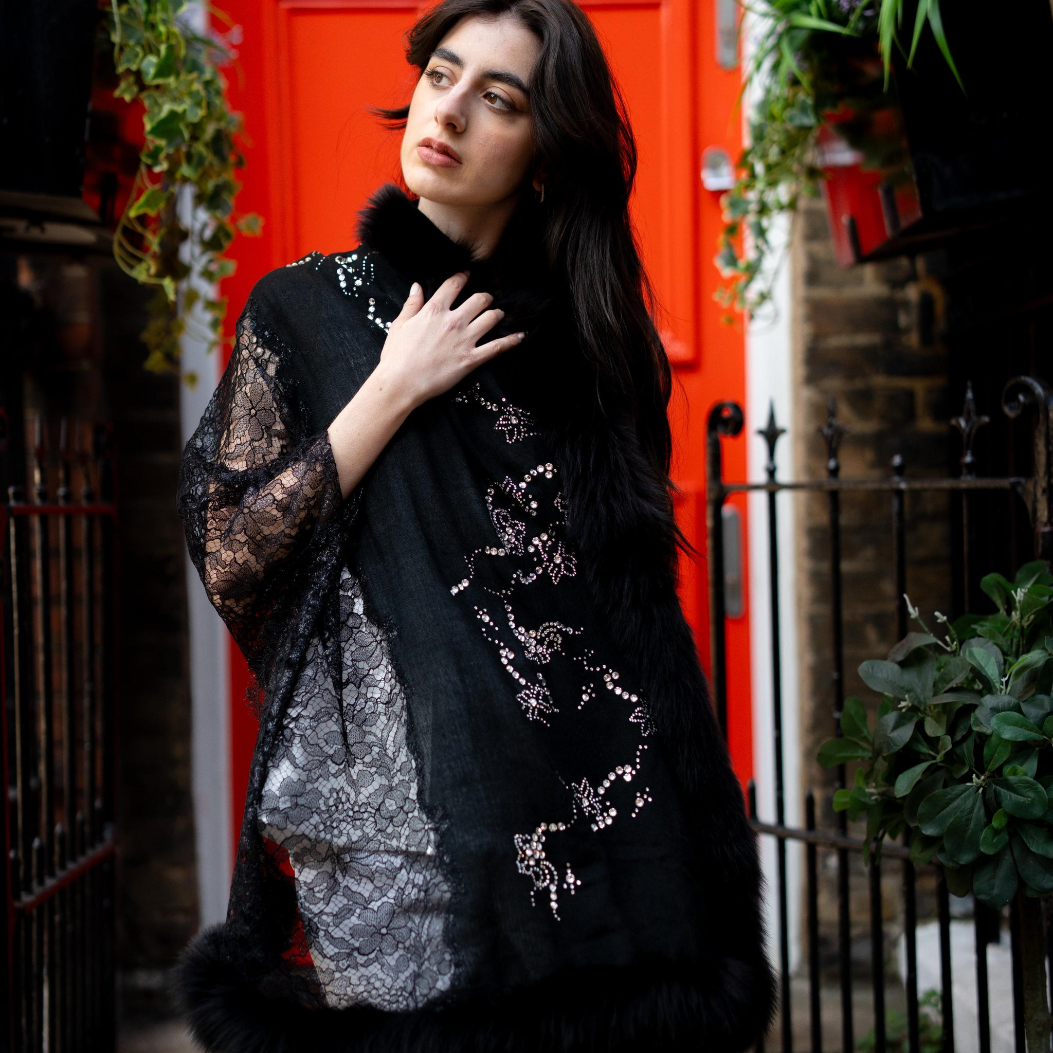 Pashmina Luxury Scarf with Broad French Lace and Embellishments in Black