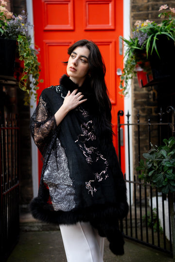 Pashmina Luxury Scarf with Broad French Lace and Embellishments in Black