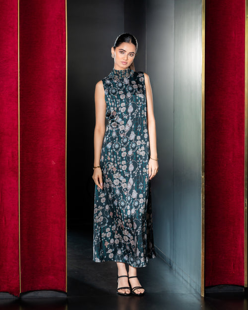 Jewelled Garden Column Dress — Emerald