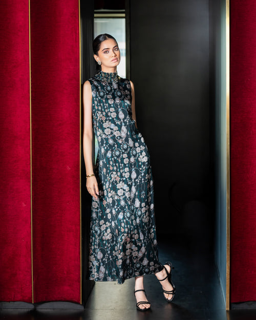 Jewelled Garden Column Dress — Emerald