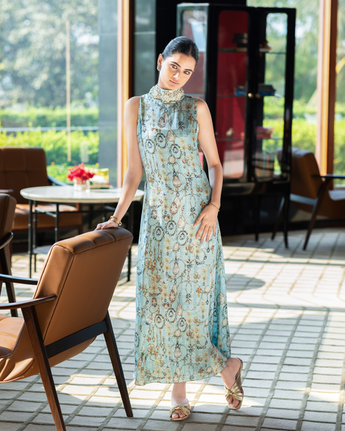 Jewelled Garden Column Dress - Turquoise