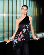 Jewelled Garden One-Shoulder Top — Black