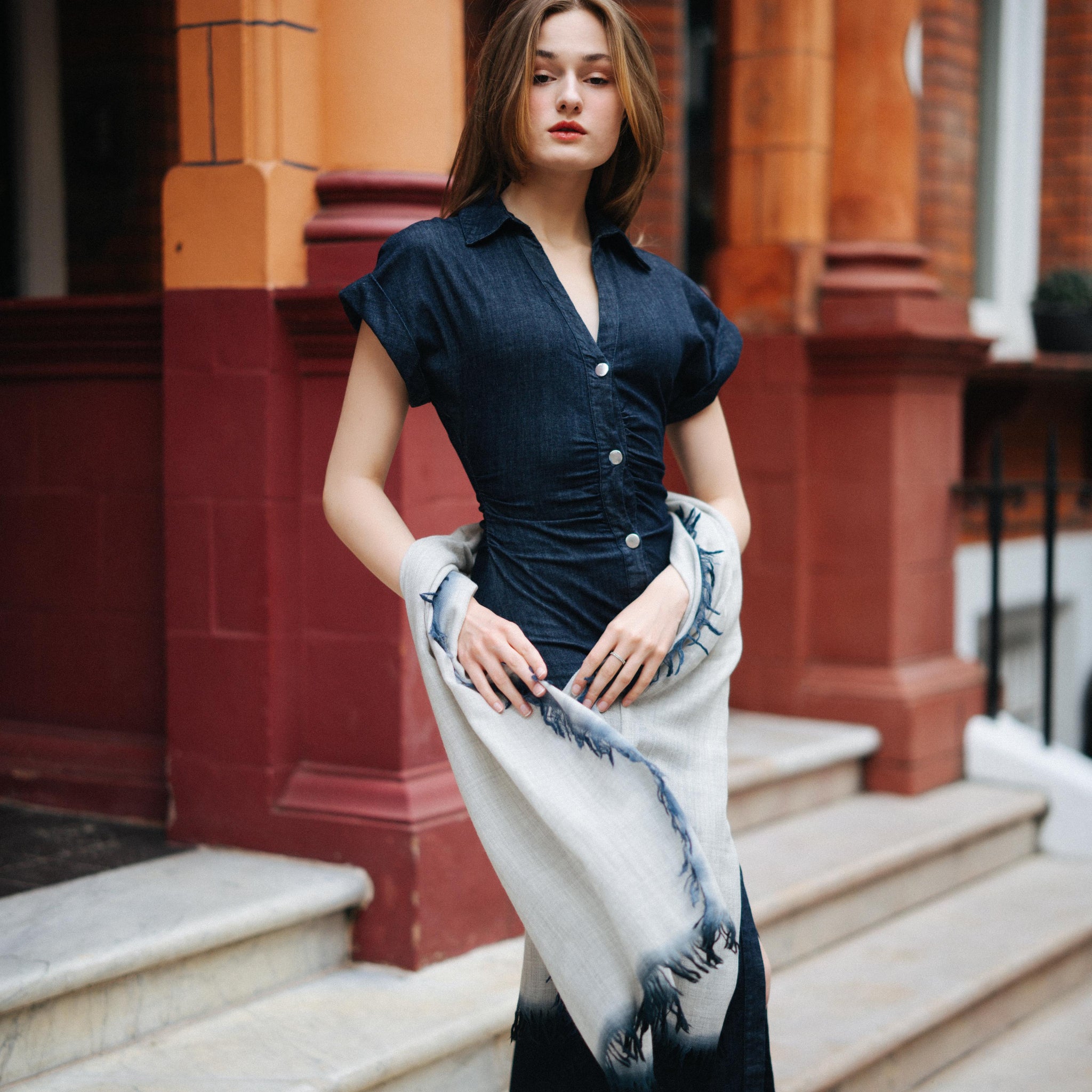 Cashmere Scarf with Blue Tassels