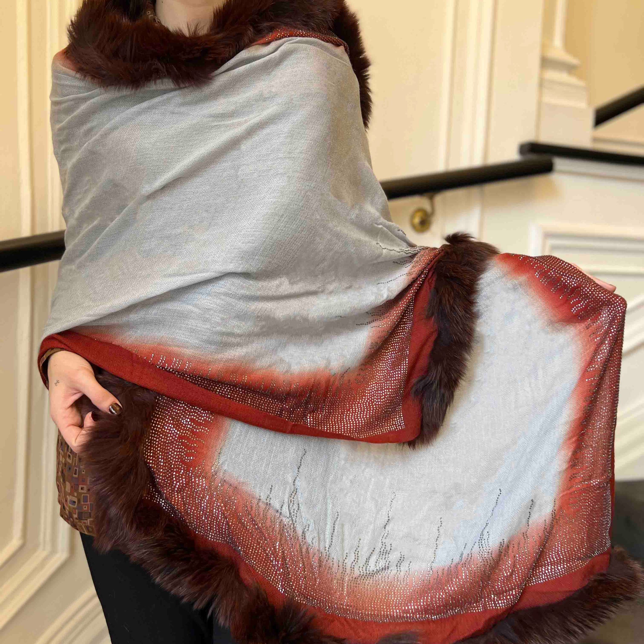 Faux Fur Trimmed Cashmere Scarf in Grey and Red with Crystal Embellishments