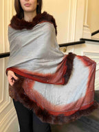 Faux Fur Trimmed Cashmere Scarf in Grey and Red with Crystal Embellishments