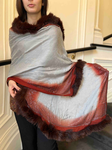 Faux Fur Trimmed Cashmere Scarf in Grey and Red with Crystal Embellishments