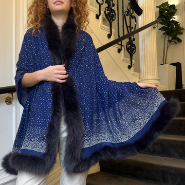 Faux Fur Trimmed Cashmere Scarf in Blue with Crystal Embellishments